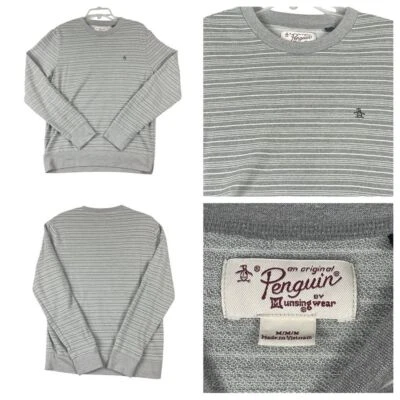 Men's Original Penguin Grey & White Striped Crewneck Sweater Medium 0072 - Image 1 of 4