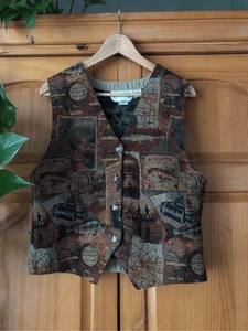 On The Verge Tapestry Vest Vintage 90s Fishing/Nature Theme, Made in USA SZ M - Picture 1 of 12