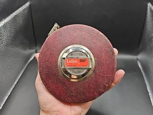 Vintage LUFKIN 100' Yellow Measuring Tape Hand Rewinding Part #HW100 - Picture 1 of 6