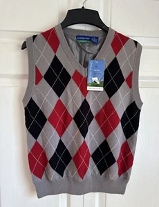 SCOTTISH WIND GOLF YOUTH Lined V Neck Sweater Vest Argyle GRAY BLACK RED Sz M - Picture 1 of 4