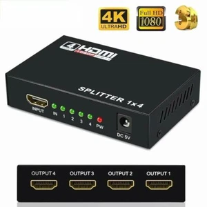 HDMI Splitter 1 In 4 Out 4K UHD HD 1080P 4-Port Repeater Splitter Amplifier 1x4 - Picture 1 of 9