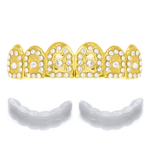 Hip Hop vergoldete FULL CZ Mundkappen 6 TOP GRILLZ Zähne L014 G 1 Ex Form - Bild 1 von 3