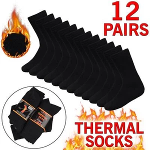 12 Pairs Mens Black Thermal Socks, Thick Warm Outdoor Work Boot Socks Size 6-11 - Picture 1 of 11