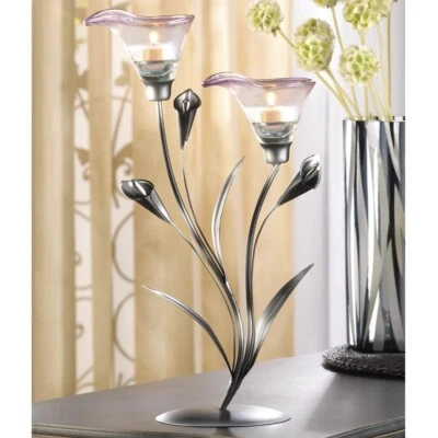 Calla Lily Candelabra 2 Violet Tipped Glass Candle Holder Cups Accent 15" Tall - Image 1 of 4