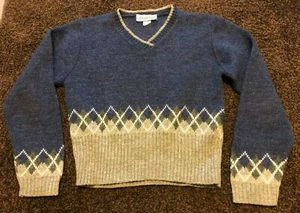 VTG Crewneck Pullover 90s Womens Juniors Blue Green Argyle Stripe Sweater Medium - Picture 1 of 9