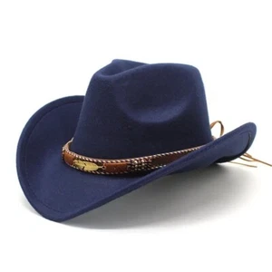 Navy, Blue Western Cowboy Cowgirl Hat – Gold Feather Braid Band, Felt, Men Women - Picture 1 of 3