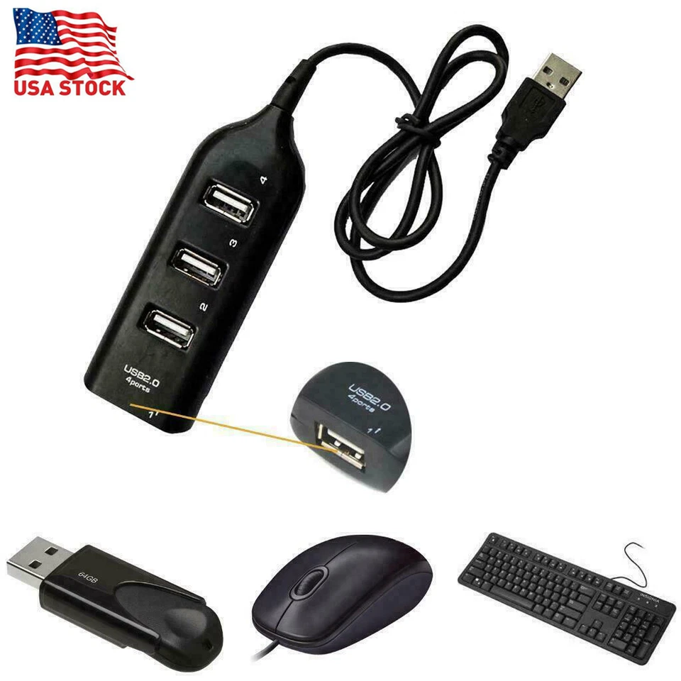 1pc Black USB 2.0 Hi-Speed 4-Port Splitter Hub For PC Notebook Plug & Play - Image 1 of 4