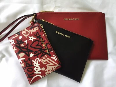 NWT MICHAEL KORS JET SET TRAVEL TRIO WRISTLET SET OF 3 SCARLET/BLACK LEATHER - image 1 of 4