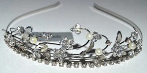 NEW Silver Plated Flowers Pearl Crystal Headband Tiara Wedding Boxed Prom Bride - Picture 1 of 5