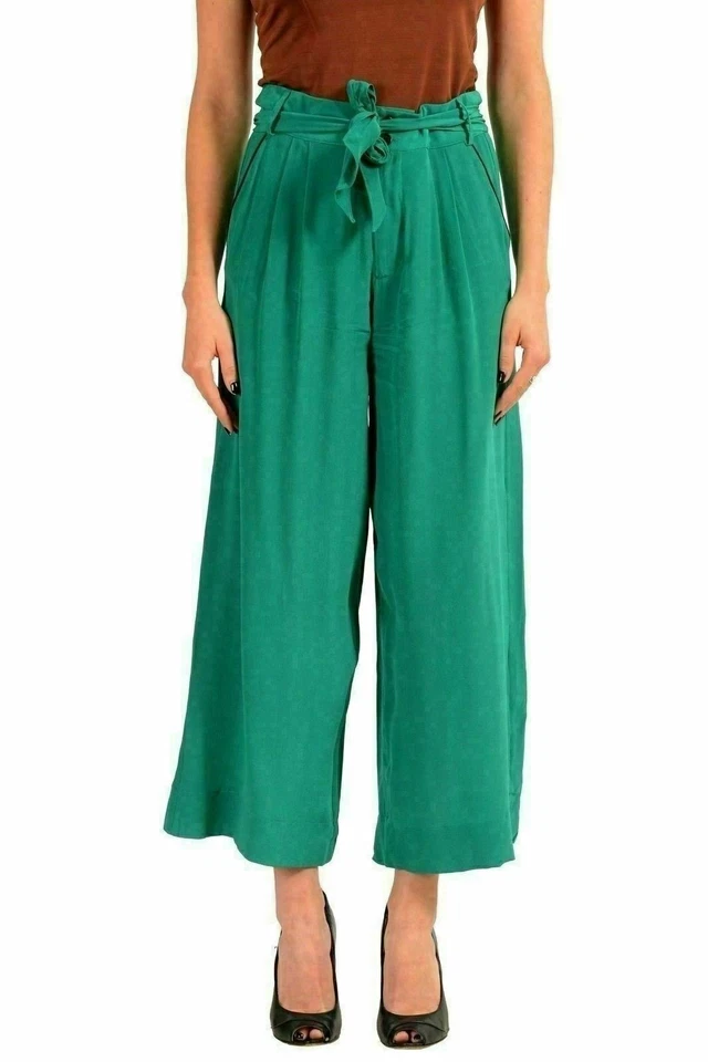 Pantalones para mujer Just Cavalli 100 % seda verde cinturón recortados pierna ancha EE. UU. 4 IT 40 Foto 1 de 4