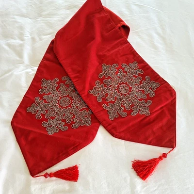 Bright Red Table Runner Beaded Snowflakes Tassels 69" Holiday Decor Christmas - Image 1 of 4