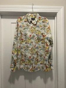 Tropical Graphic Print 100% Linen Shirt Men's Large Button Up Long Sleeve Vacay - Picture 1 of 6