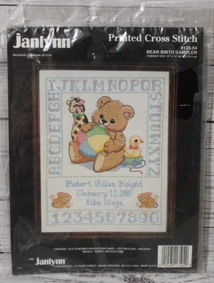 BEAR BIRTH SAMPLER printed cross stitch kit JANLYNN vintage 1992 - Image 1 of 2
