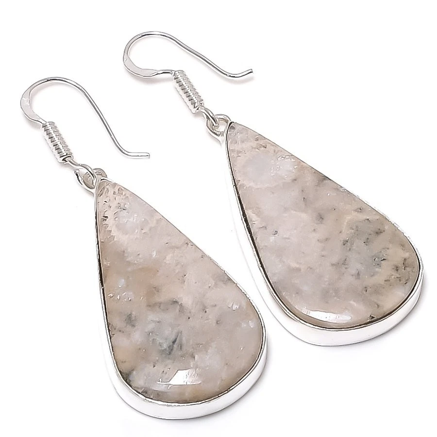 Pendiente de joyería de plata de ley 925 con piedras preciosas de coral fósil natural tamaño 2" Foto 1 de 1