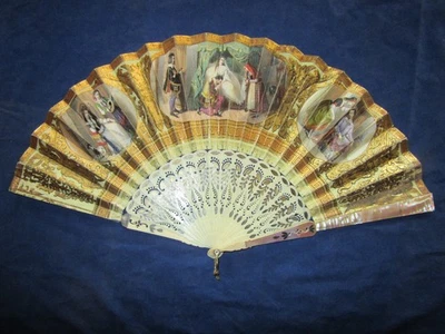 Antiguo abanico de mano años 1870, francés, litografía coloreada a mano, esposa en espera, en trabajo de parto, esposo Foto 1 de 4