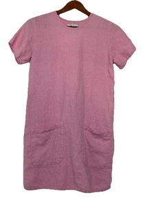 Flax Women's Petite Pink Short Sleeve Linen Mini Dress Pockets - Picture 1 of 7