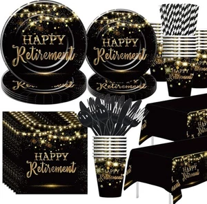 Retirement Decorations Party Supplies, Happy Black, Gold - Picture 1 of 7