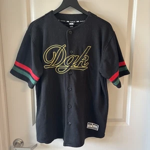 DGK Baseball Jersey Dirty Ghetto Kid Men's M Black Gold Green Red Trim Button Up - Picture 1 of 18