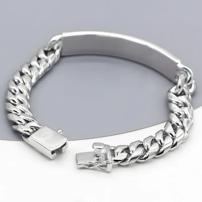 10mm Italian 925 Silver Miami Cuban Link Chain ID Bracelet Curb Chain for Men - Image 1 of 4