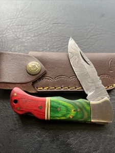 RED AN GREEN WOOD HANDLE  DAMASCUS LOCKBACK   POCKET KNIFE - Picture 1 of 6