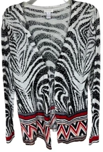 Chicos Drape Cardigan Sweater Top Size 1 Black White Red Orange Abstract - Picture 1 of 5