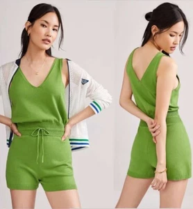 NWT ANTHROPOLOGIE DAILY PRACTICE SHORTS ROMPER JUMPSUIT COMFY KNIT GREEN S - Picture 1 of 4