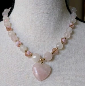 Vintage Gemstone Pink quartz Heart & beads Glass Beads Necklace 20" - Picture 1 of 8