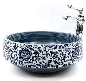 Fregadero lavabo redondo de cerámica mostrador de cerámica vintage con patrones de kasbah - Imagen 1 de 30