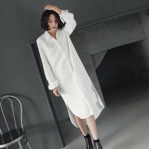 Women Calf Length Dress Shirt Long Sleeve Lapel Loose Casual Side Slit White New - Picture 1 of 12