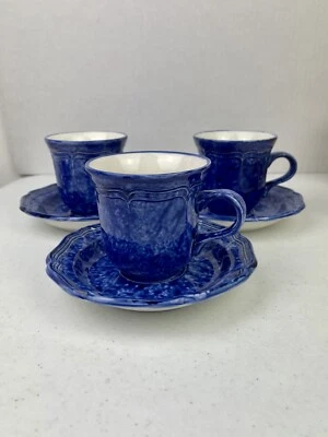 Juego de 3 vasos y platillos de gres vintage 1976 Mikasa Country Charm Sundown azul Foto 1 de 4