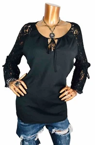 7th Avenue NY&C L Top schwarz Bluse Bindebänder V-Ausschnitt Spitze Blumen 3/4 Ärmel - Bild 1 von 9