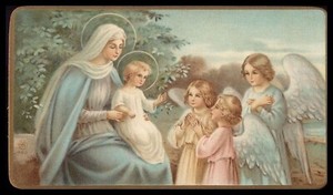 VIRGIN MARY w/ CHILD JESUS & ANGELS IN THE GARDEN Old 1919 HOLY CARD