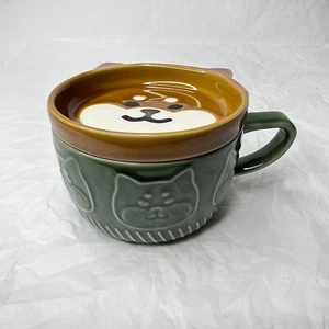 Green Ceramic Shiba Inu Panda Dog Tea Cup Coffee Mug with Orange Lid 10 oz - Picture 1 of 13