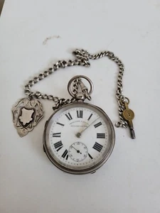 Antique Hallmarked Sterling Silver Pocket Watch with Key and Chain - Picture 1 of 11