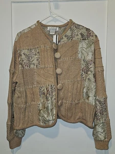 Sandy Starkman Cardigan Sweater Womens Medium Beige Patchwork Big Button Floral - Picture 1 of 10