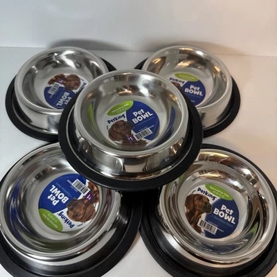5Pk Pet King Stainless Steel Cat Bowls Small Dog Water Food No Tip Bowls 6 oz - Image 1 of 4