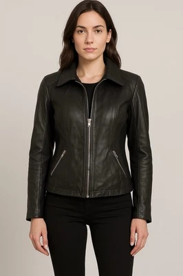 Calvin Klein Women’s Genuine Leather Moto Jacket Black Size L Zip Front - Image 1 of 4