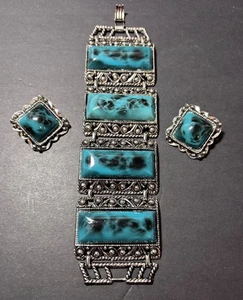 Vintage Boho Grosso Largo Finto Turchese Bracciale & Clip Orecchini Statement Set - Foto 1 di 8