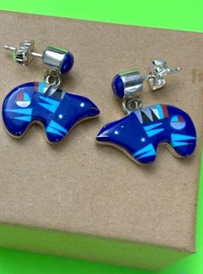 NAVAJO Sterling Silver SPIRIT BEAR Lapis Turquoise Coral SunFace 925 Earrings - Picture 1 of 3