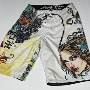 Vtg Y2K Lost Industries Psycho Ward Board Shorts Men's 29 White Graffiti Lady - Picture 1 of 12