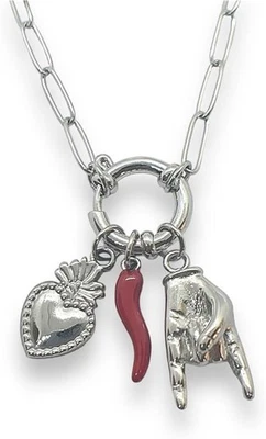 Collana Girocollo in Acciaio Silver Corno Sacro Cuore Mano Corna Scaramantica - Immagine 1 di 2