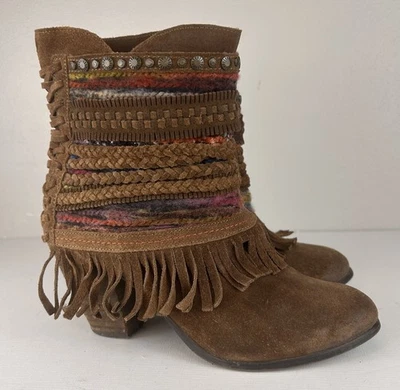 Botines bohemios con flecos Naughty Monkey para mujer talla 7 cuero marrón bloque lana Foto 1 de 4