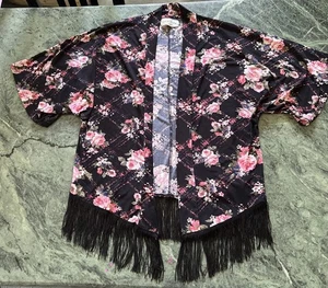 French Laundry Shawl Cover Up Wrap Cardigan Blk Floral Size M Dark Velvet Boho - Picture 1 of 11