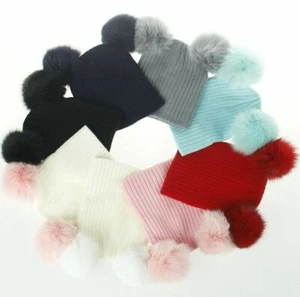 Kleinkind Kinder Baby Jungen Mädchen Winter Wolle Strick Beanie Doppel Bommel Mütze Kappe - Bild 1 von 15