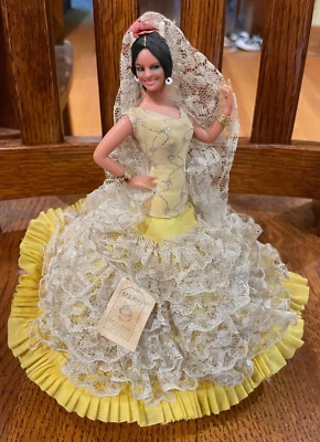 Vintage Spanish Marin Chiclana Flamenco Dancer Doll 8" Yellow Lace Tags Attached - Image 1 of 4