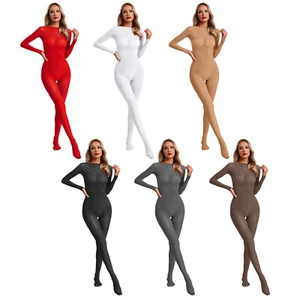 Women Bodysuit Yoga Unitards Underwear Rompers Full Length Long Sleeve Catsuit - Picture 1 of 43
