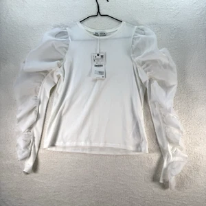 Zara Top Size Small Colour White Round Neck Long Puff Sleeves Blouse 100% Cotton - Picture 1 of 11