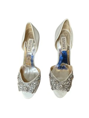 Badgley Mischka Women Shoes Beaded Maria Embellished Satin Peep Toe Pumps Sz. 75 - Image 1 of 4