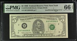 "Insufficient Inking Error" (full face) 1988 $5 FRN, Fr#1979-B, Gem Unc 66 EPQ; - Picture 1 of 6