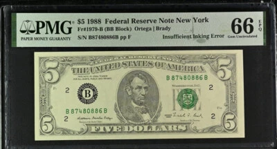 "Insufficient Inking Error" (full face) 1988 $5 FRN, Fr#1979-B, Gem Unc 66 EPQ; - Image 1 of 4